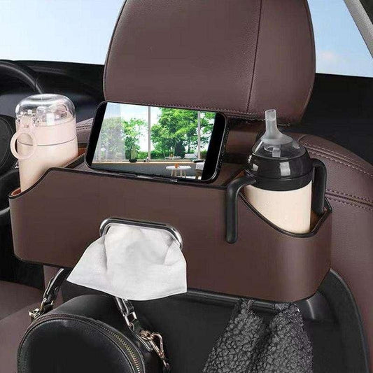 Organizador universal de respaldo de asiento de coche de cuero PU con portavasos y ganchos