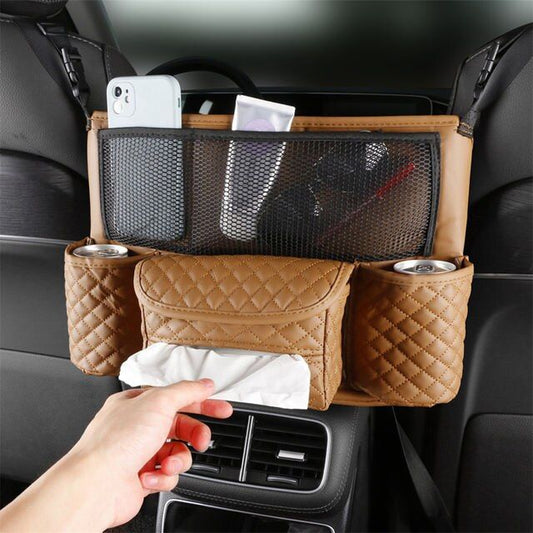 Lujosa bolsa de almacenamiento de cuero para asiento de automóvil con portavasos