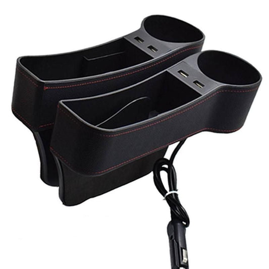 Organizador de cuero para espacio de asiento de automóvil con carga USB dual y portavasos