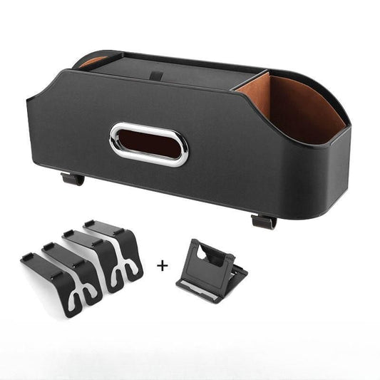 Caja de almacenamiento multiusos de cuero para automóvil con soporte para pañuelos y soporte para teléfono