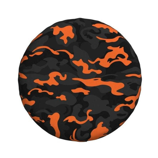 Robuste Camo-Ersatzreifenabdeckung – Schwarz-orangefarbener Camouflage-Radschutz für Gelände- und Outdoorfahrzeuge