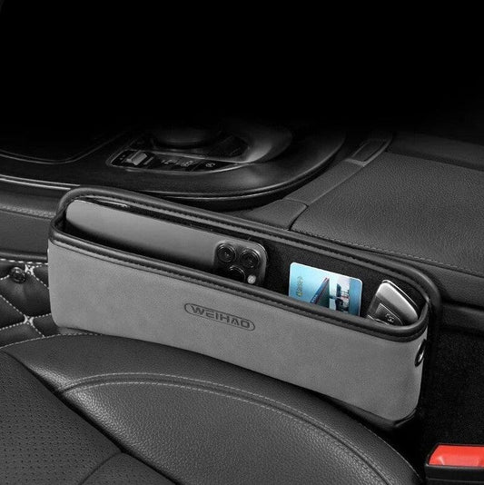 Organizador de lujo para espacio en el asiento del automóvil - Caja para hendiduras de almacenamiento de cuero PU