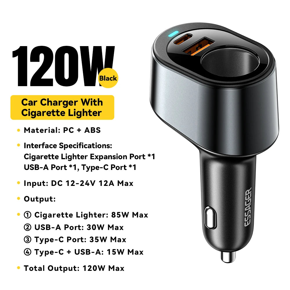 Cargador rápido para coche USB C de 120 W con adaptador para encendedor de cigarrillos de 85 W para iPhone y computadoras portátiles