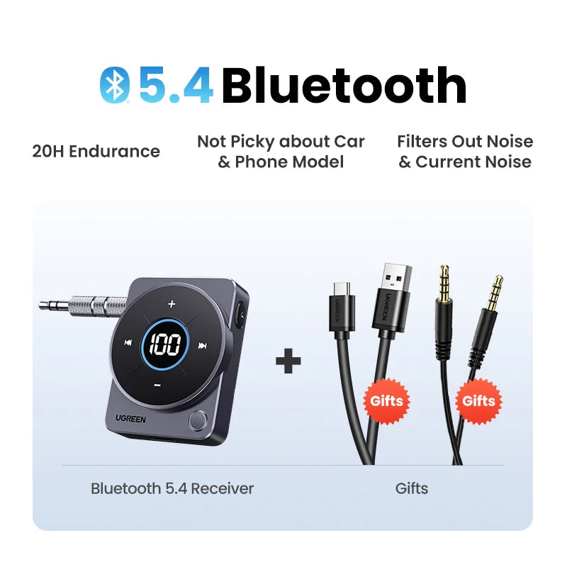 Adaptador auxiliar Bluetooth 5.4 con audio inalámbrico de 3,5 mm, batería de 20 horas, pantalla de visualización