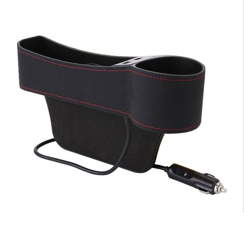 Organizador de cuero para espacio de asiento de automóvil con carga USB dual y portavasos