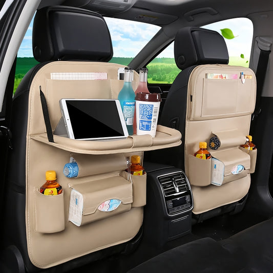Luxuriöser Autositz-Rückenlehnen-Organizer aus PU-Leder mit faltbarem Tablett