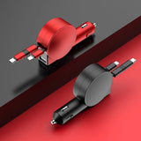 3-in-1 Dual Port Retractable Car Fast Charger with LED Display for iPhone, Android, and Type-C
