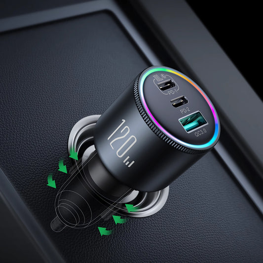 Cargador de coche USB-C de 120 W: carga rápida de 3 puertos para varios dispositivos (PD y QC 3.0)