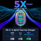 Adaptador de carga rápida para automóvil 4 en 1 de 70 W: PD3.0 y QC3.0 para iPhone y más