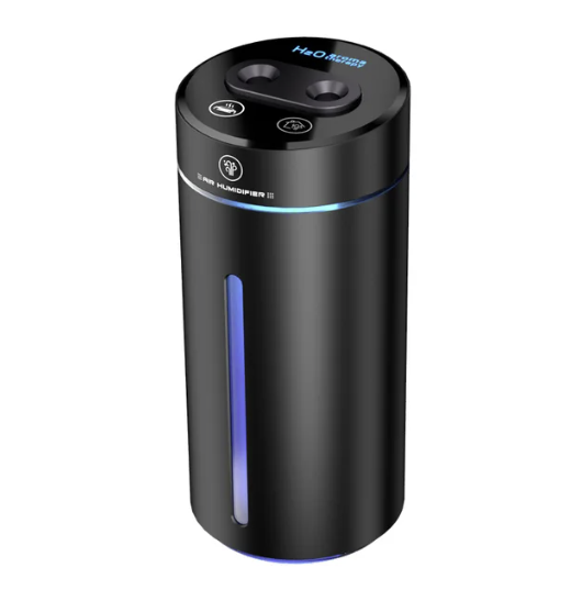Humidificador de aire compacto para coche USB con doble pulverización de 380ML y difusor de aceites esenciales con iluminación ambiental colorida