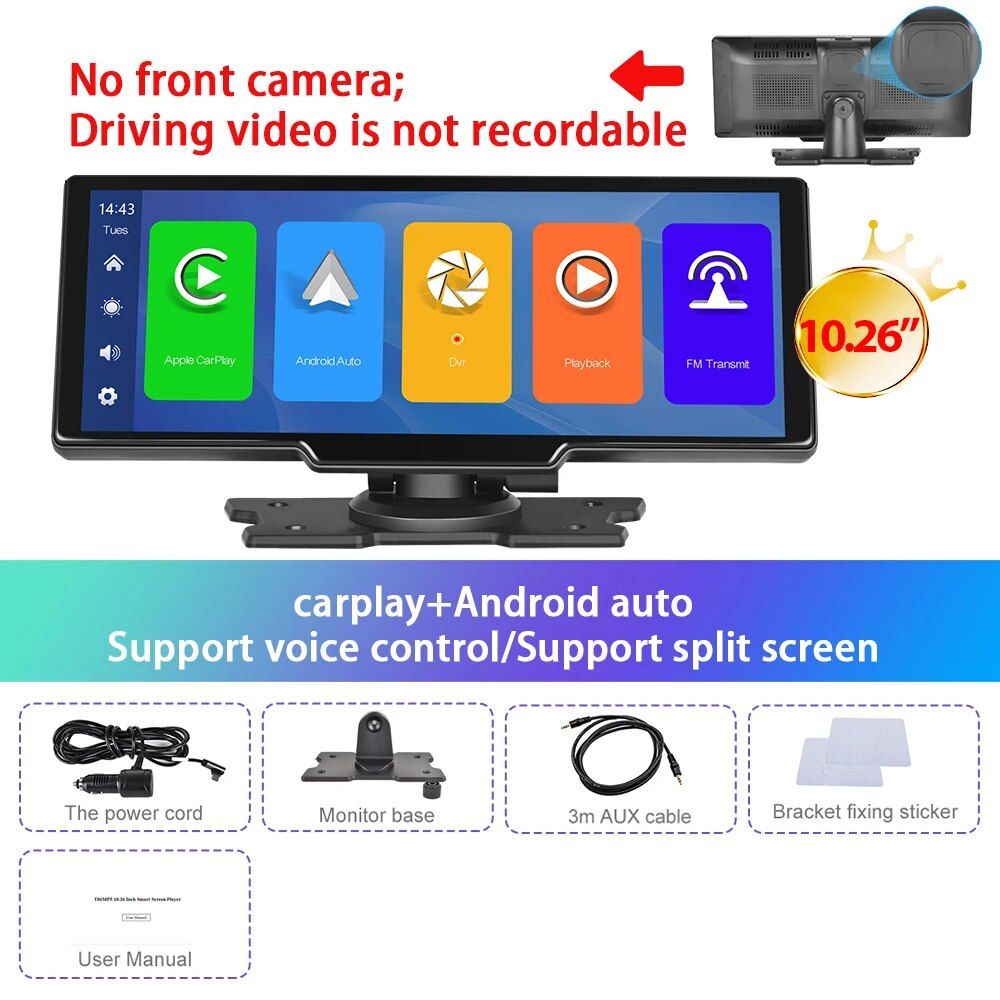 Monitor inalámbrico de espejo para coche de 10,26" con grabación de vídeo e integración de Carplay