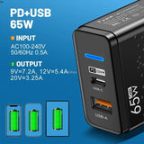 Carga rápida USB-C de 65 W y enchufe A: cargador rápido QC 3.0 y PD tipo C