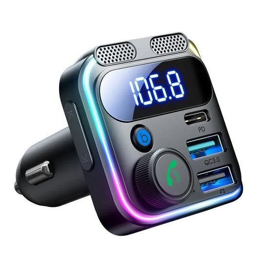 Bluetooth 5.3 FM Transmitter with 48W PD & QC3.0 Car Charger, Dual Mics & Hands-Free Calling