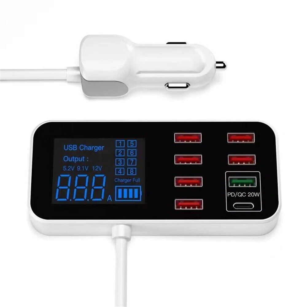 Cargador de coche USB de 8 puertos con PD, QC3.0 y pantalla LED