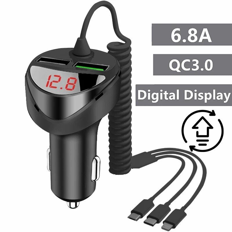 Cargador rápido para automóvil 3.0 con cable USB universal 3 en 1 para los principales modelos de teléfonos inteligentes