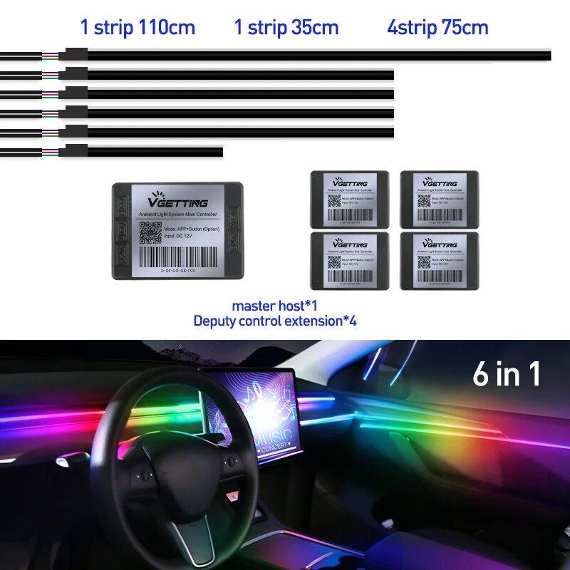 Universal 18-in-1 LED Car Ambient Light Strips with App Control