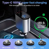 Cargador retráctil para coche 4 en 1 de 120 W con carga rápida y pantalla de voltaje