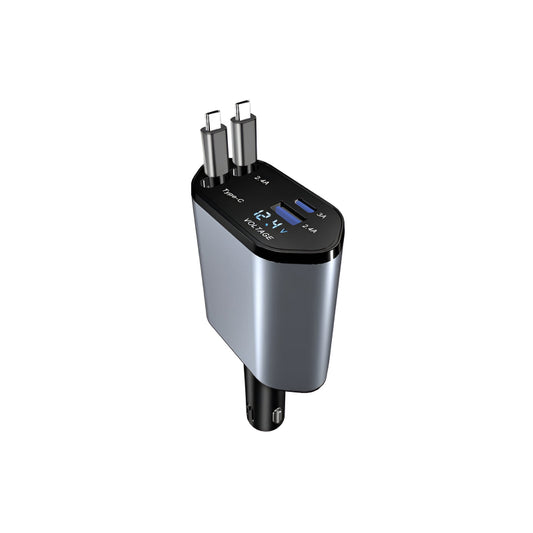 Cargador retráctil para coche 4 en 1 de 120 W con puertos USB-C y USB duales para iPhone y Android