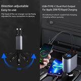 Cargador de coche retráctil 4 en 1 de alta velocidad con cables duales USB, tipo C y Lightning