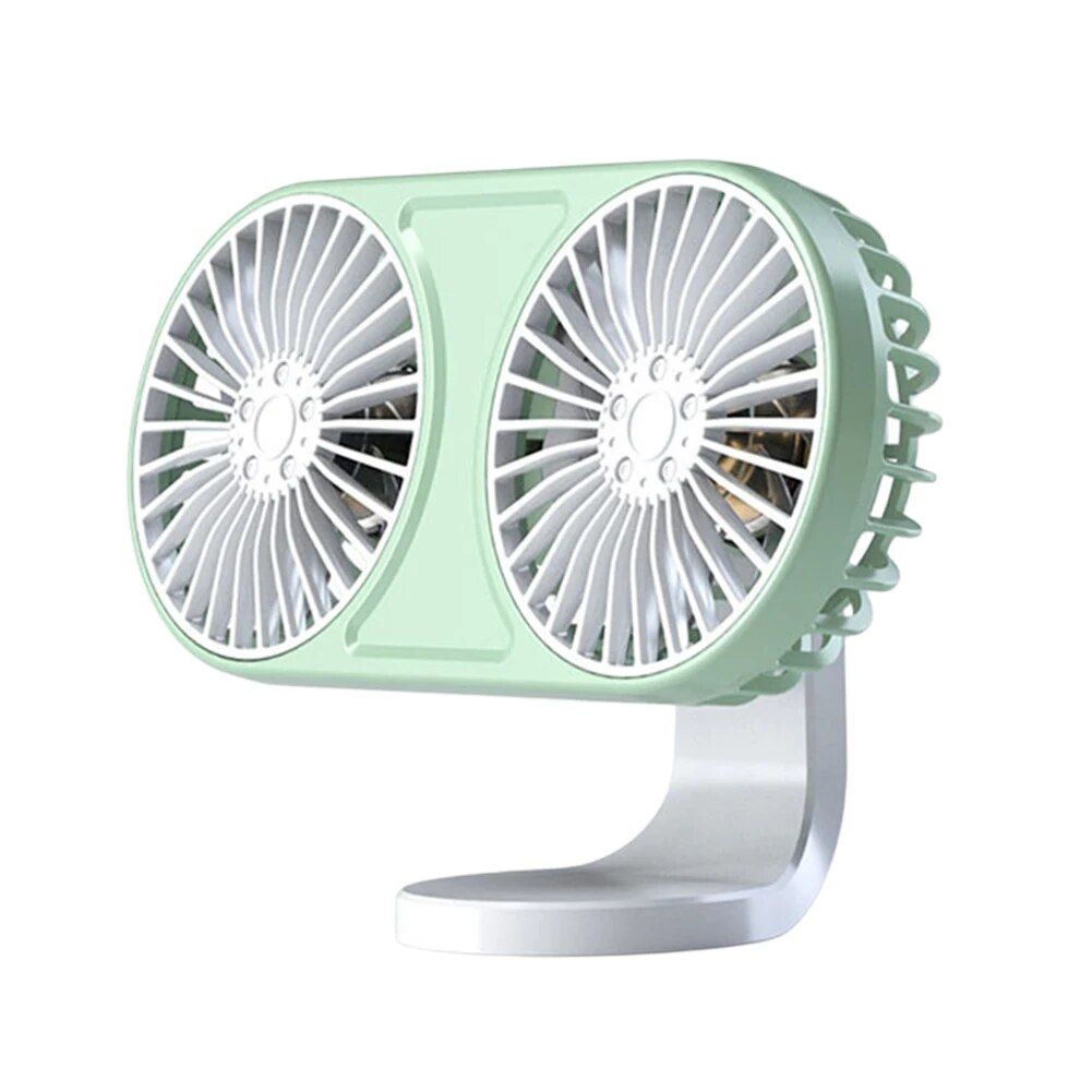 Ventilador de coche USB de doble cabezal giratorio de 360° con iluminación ambiental