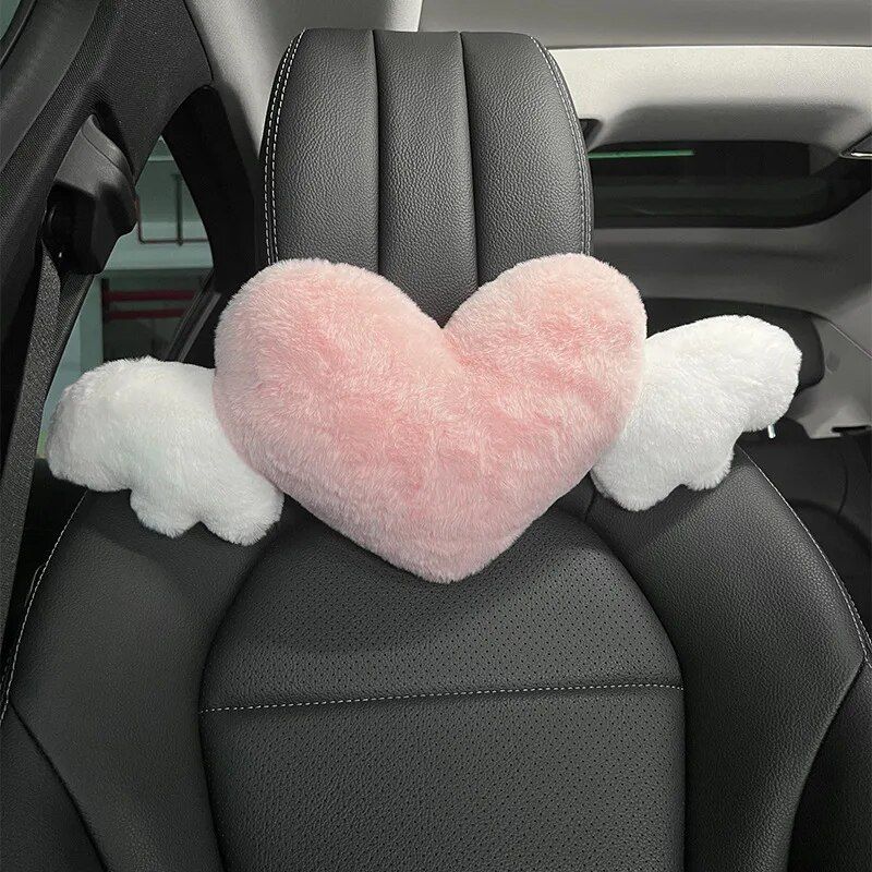 Cojín de apoyo lumbar y reposacabezas de coche de felpa en forma de corazón