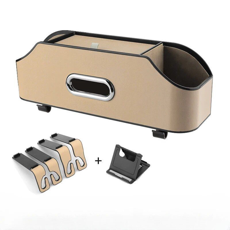Caja de almacenamiento multiusos de cuero para automóvil con soporte para pañuelos y soporte para teléfono