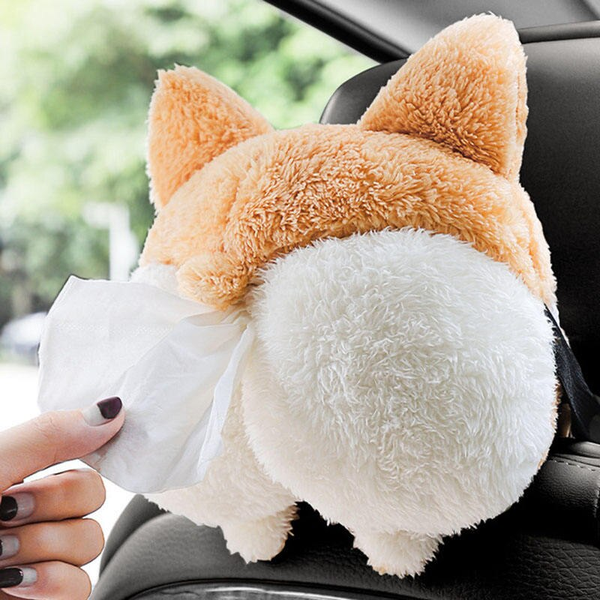 Charmante Taschentuchbox fürs Auto mit Corgi-Motiv, weicher Serviettenhalter aus Plüsch für die Armlehne