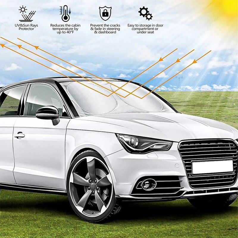 Parasol compacto para coche con revestimiento plateado: protección contra el calor UV y protector de parabrisas