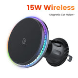 Cargador inalámbrico magnético potente para coche de 15 W con luz RGB para iPhone, soporte para teléfono para coche, soporte para rejilla de ventilación, estación de carga rápida