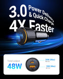 Cargador de coche USB C de 48 W con PD de 30 W y QC 3.0 de 18 W para iPhone 15/14/13 y Samsung Galaxy S24 Ultra