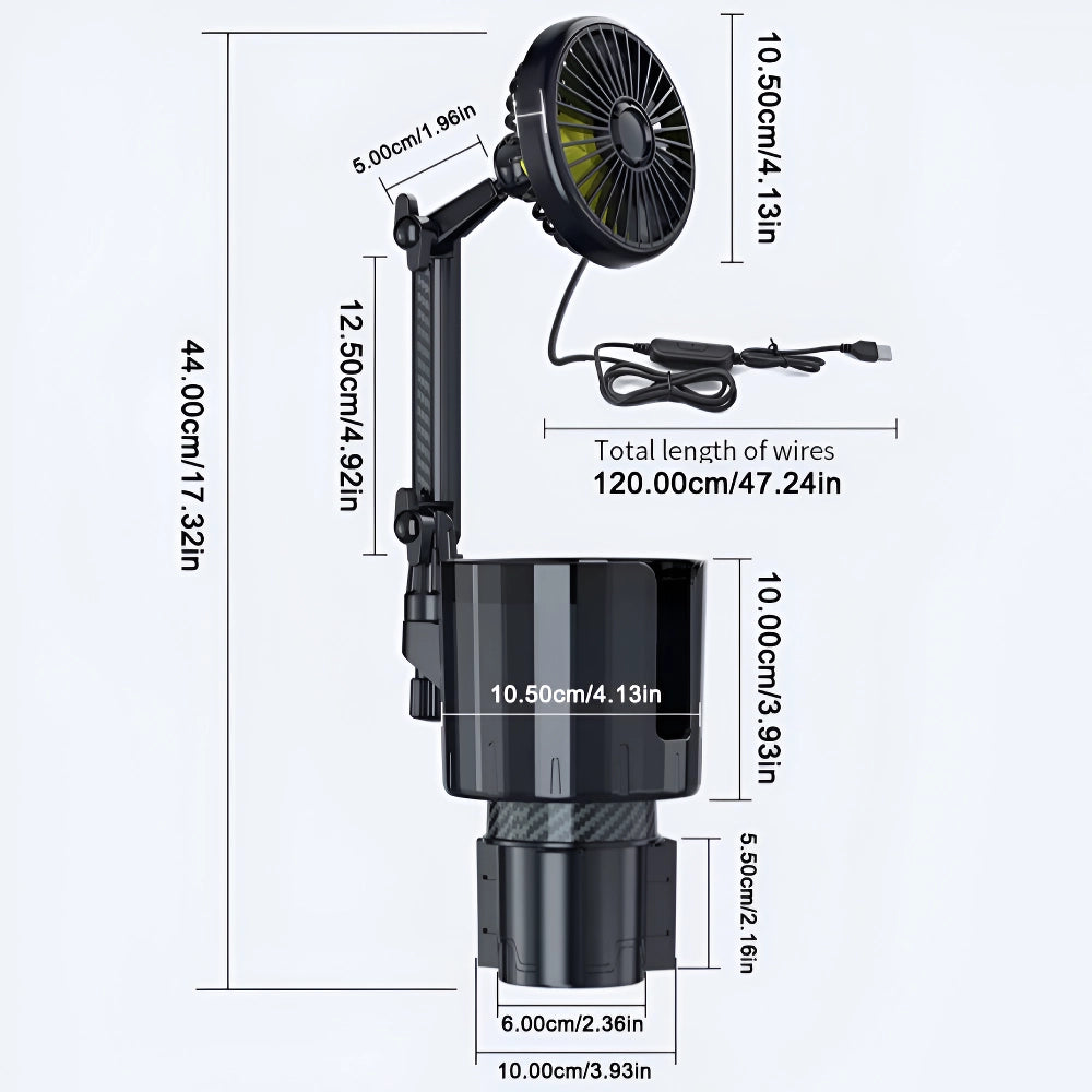 2-in-1-Auto-Getränkehalter-Lüfter mit einstellbarer Kühlung und USB-Aufladung