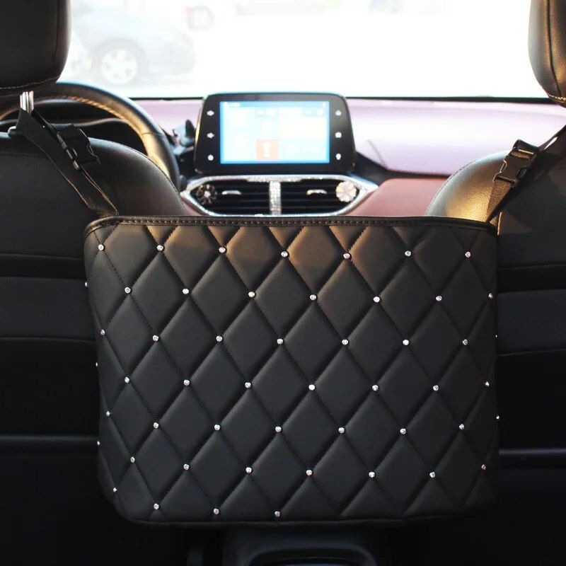 Organizador de asiento de coche con diamantes de imitación de cristal de lujo y múltiples bolsillos
