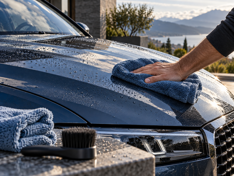 Blue microfiber towel cleaning a car hood