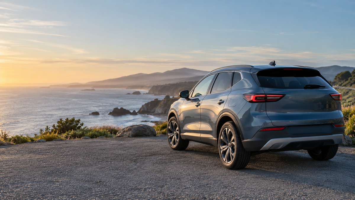 Graphite blue crossover at a coastal overlook in morning light