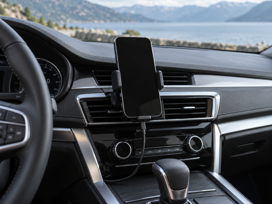 Phone mount and charging cable in a tidy car dashboard