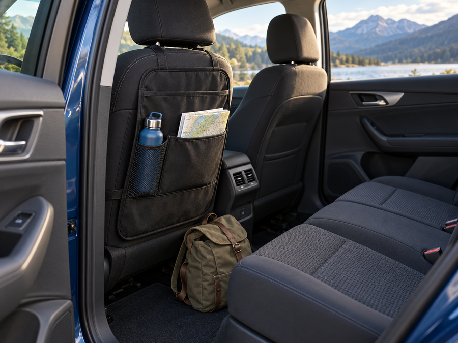 Neatly organized rear car cabin for everyday family trips