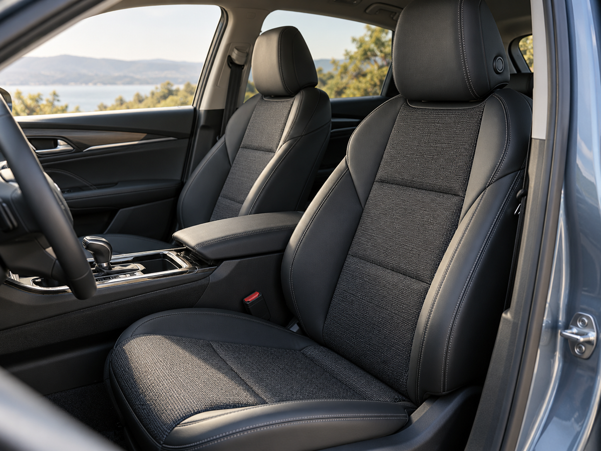 Charcoal car seats and clean cabin in natural light