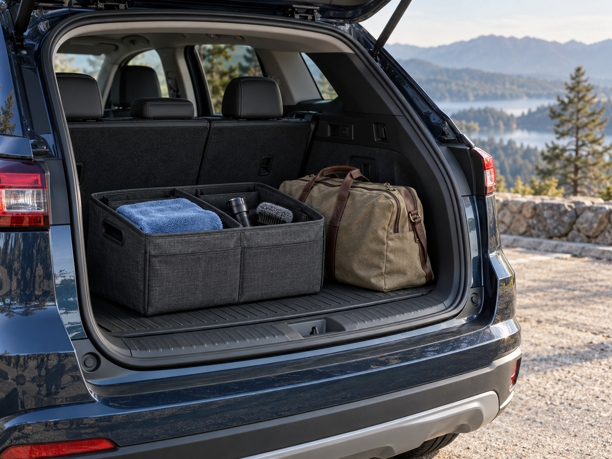 Organized car trunk with storage organizer and weekend bag