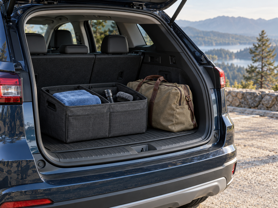 Organized car trunk with storage organizer and weekend bag