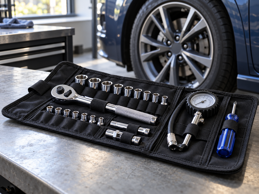 Car maintenance tools arranged on a garage workbench