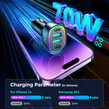 Adaptador de carga rápida para automóvil 4 en 1 de 70 W: PD3.0 y QC3.0 para iPhone y más