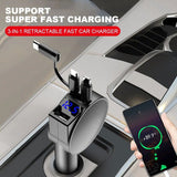 3-in-1 Dual Port Retractable Car Fast Charger with LED Display for iPhone, Android, and Type-C