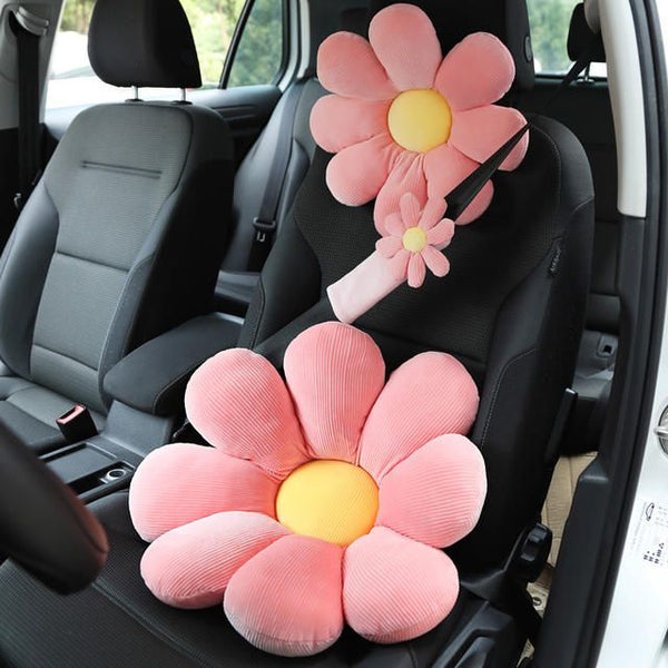 Almohada suave para cuello y cintura de coche con flores y hombrera para cinturón de seguridad