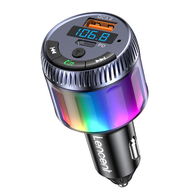 Transmisor FM Bluetooth 5.3 con cargador rápido PD 30W y QC 18W, luz ambiental LED