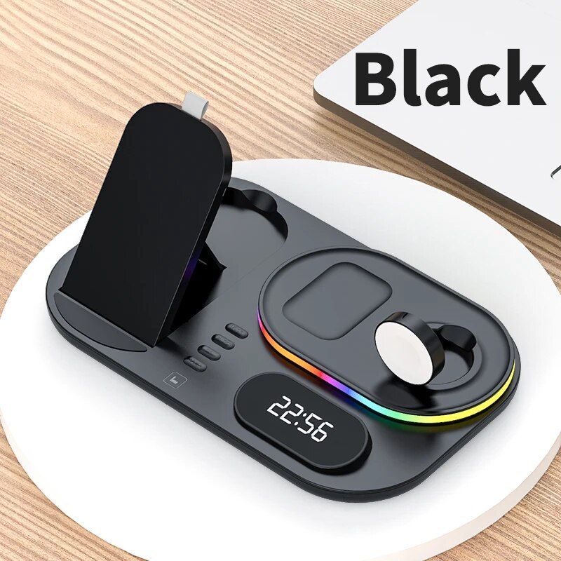 Estación de carga inalámbrica rápida 4 en 1 con lámpara y reloj para iPhone, Apple Watch y Airpods