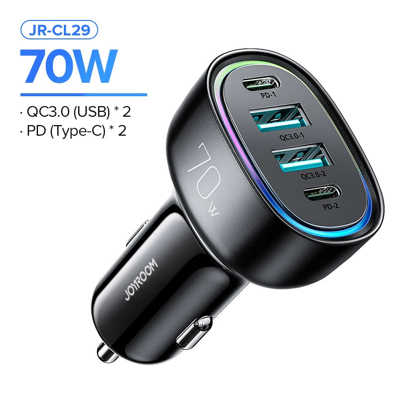 Adaptador de carga rápida para automóvil 4 en 1 de 70 W: PD3.0 y QC3.0 para iPhone y más