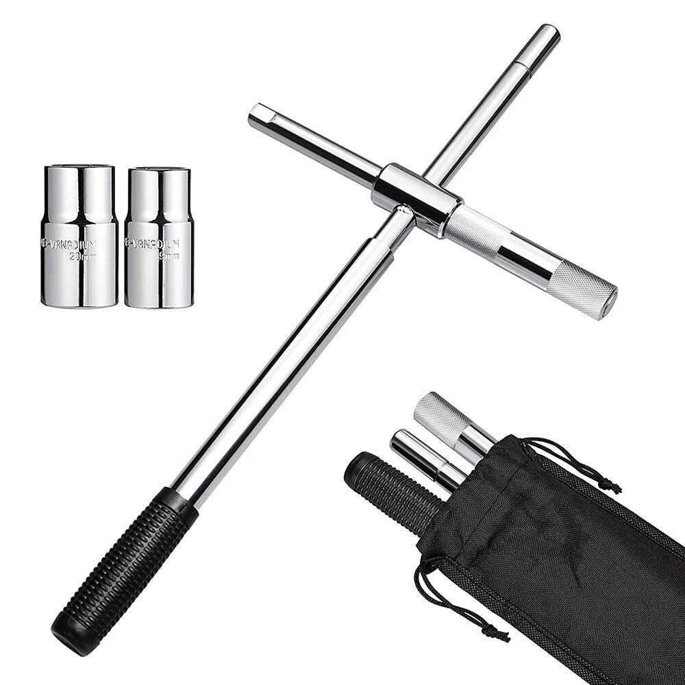 25" Universal-Radmutternschlüssel mit Teleskop-Funktion, mit zwei Stecknüssen und Aufbewahrungstasche