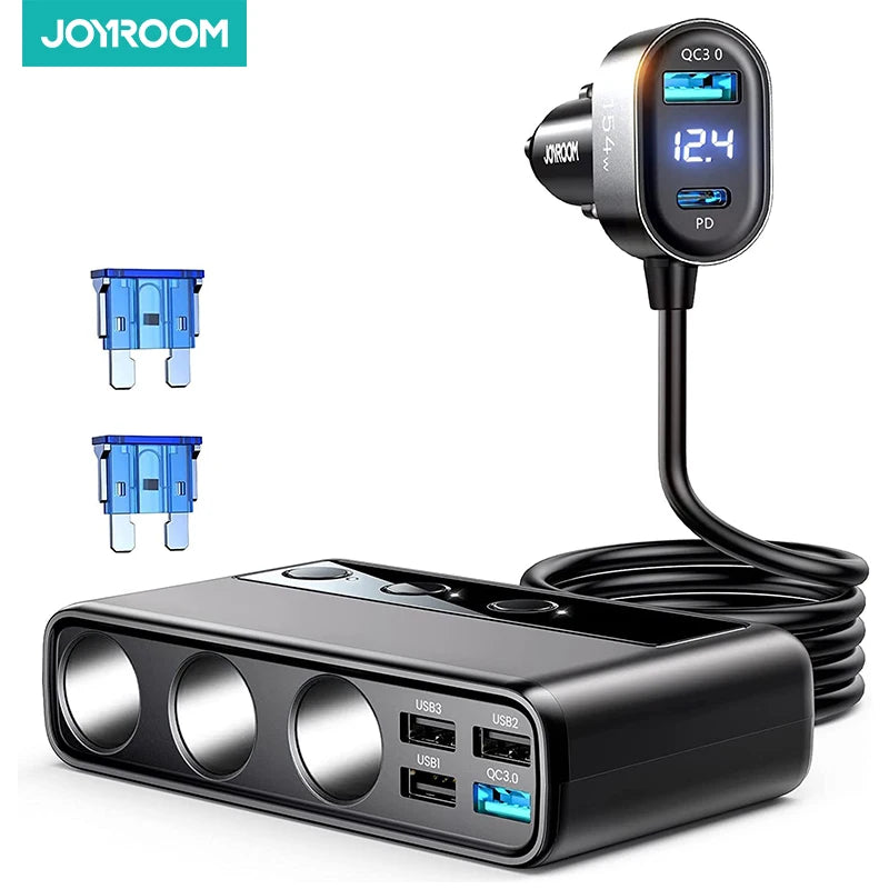 Adaptador de cargador de coche 9 en 1 de 154 W con 3 enchufes, 6 puertos USB, carga rápida