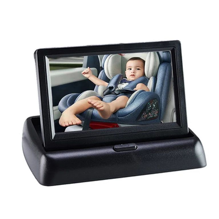 Monitor de espejo de coche para bebé HD de 5": visión nocturna por infrarrojos, vista de 150°, LCD plegable