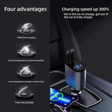 Cargador de coche retráctil 4 en 1 de alta velocidad con cables duales USB, tipo C y Lightning